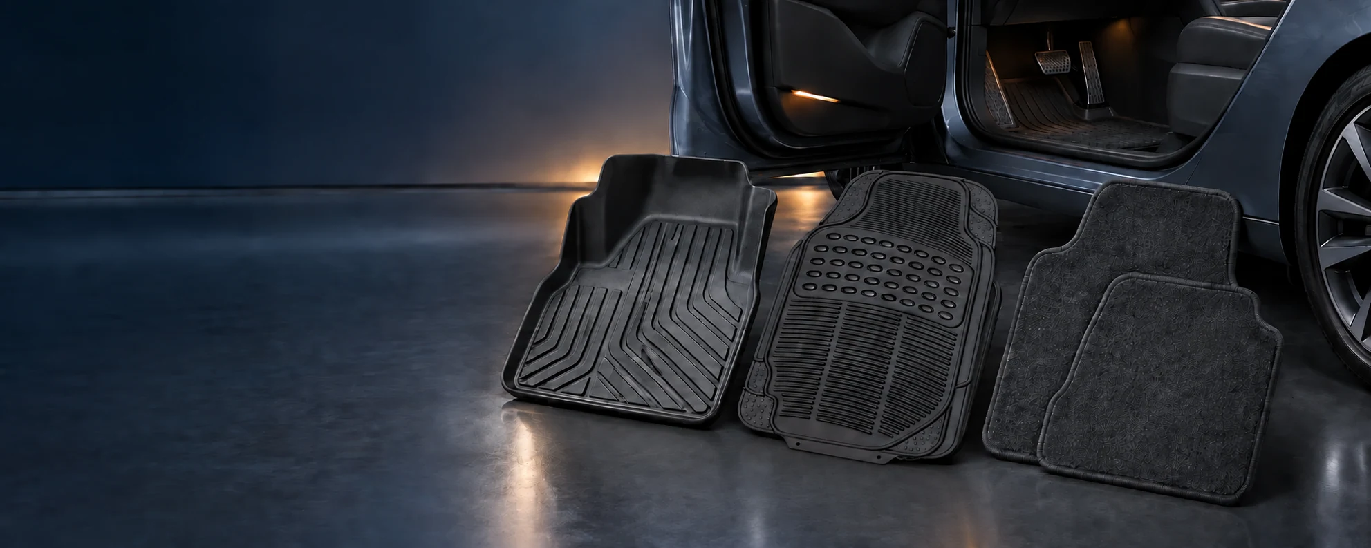 PVC, rubber and carpet automotive floor mat assortment