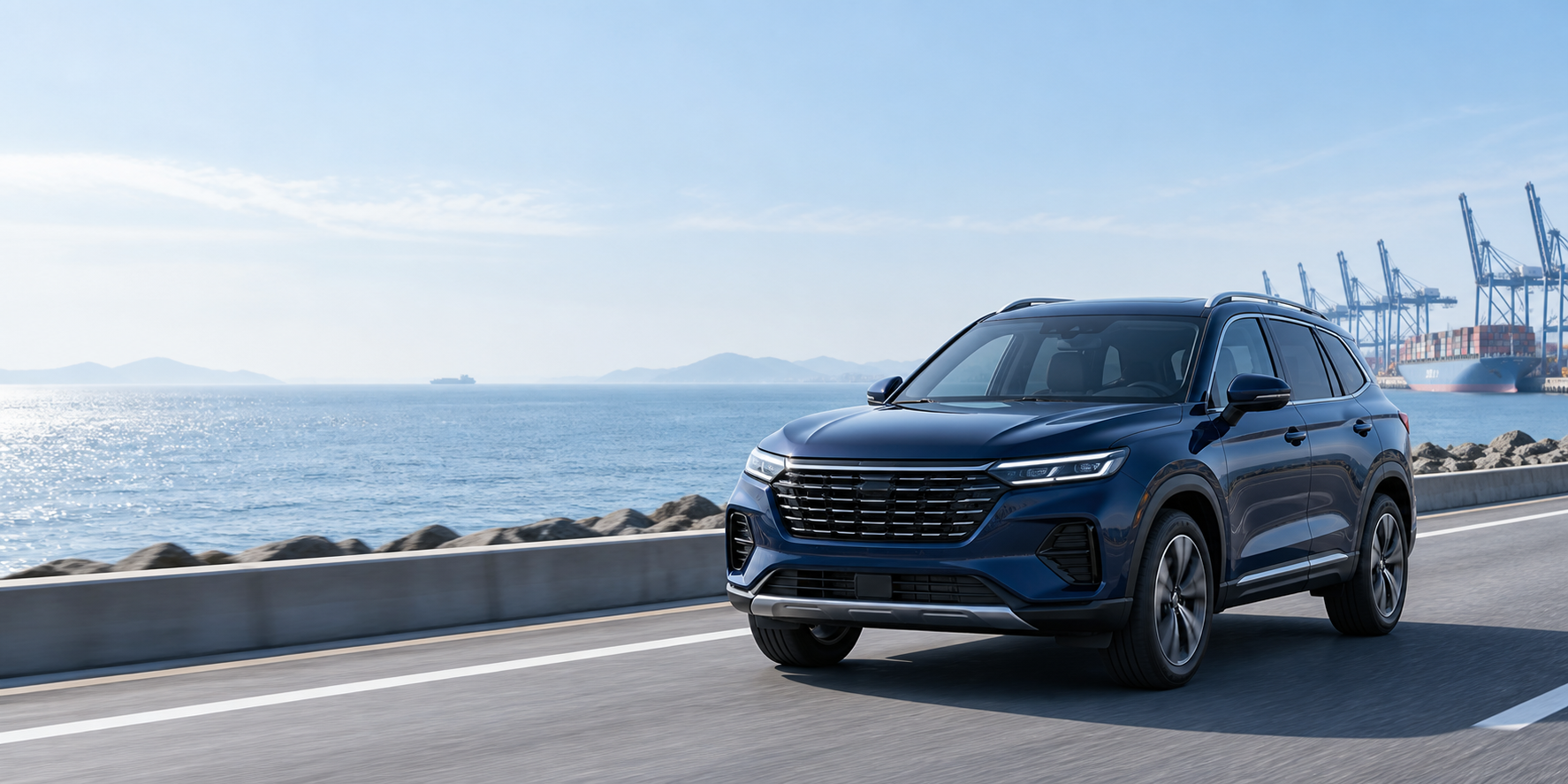 Automotive accessory sourcing scene with a vehicle near a port