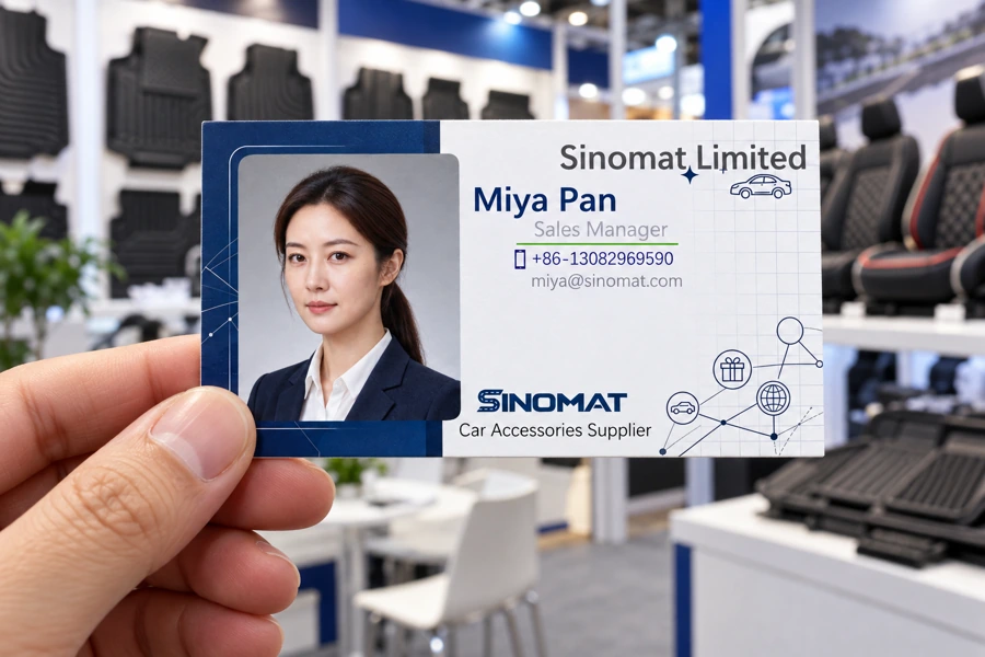 A hand holding Miya Pan’s Sinomat business card in front of a blurred display of car floor mats and seat covers