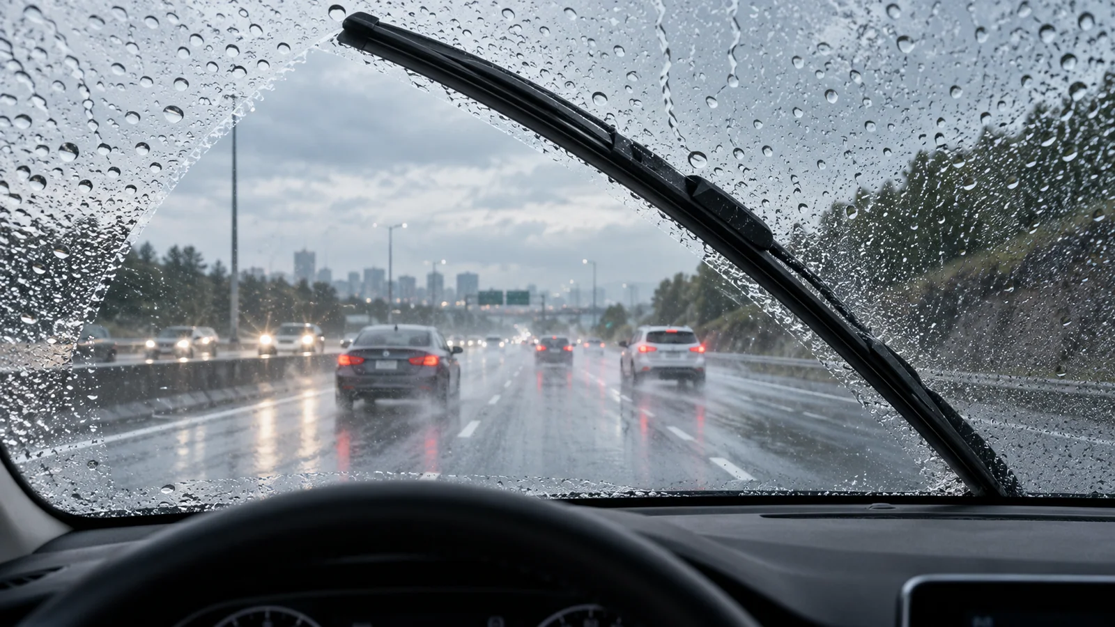 Windshield wiper clearing rain on a wet highway